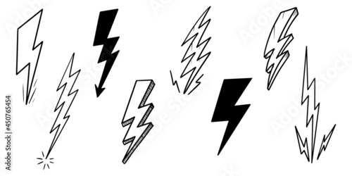 set of hand drawn vector doodle electric lightning bolt symbol sketch illustrations. vector illustration.