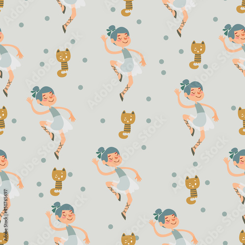 Seamless pattern with cartoon cute ballerinas and cats on a gray background. Children s drawing hand-drawn with kittens and little girls in the style of Scandinavian minimalism. Vector illustration