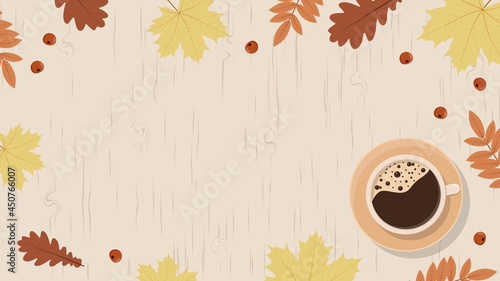 Autumn background. A mug of coffee, leaves, rowan berries and a wooden table. Vector illustration