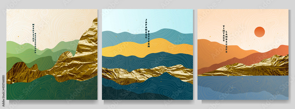 Vector graphic illustration. Abstract landscape. Mountains, hills. Japanese wavy pattern. Backgrounds collection. Asian style. Design for social media template, web banner. Gold splashes, foil texture