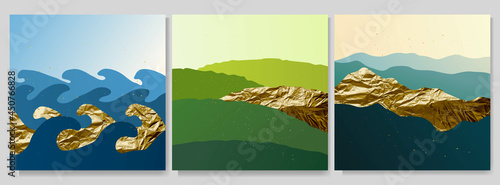 Vector graphic illustration. Abstract landscape. Mountains, sea waves, meadow hills. Backgrounds collection. Asian style. Design for social media template, web banner. Gold splashes, foil texture