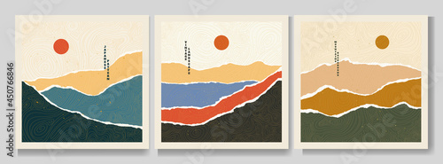 Vector illustration landscape. Boho grunge wall art concept. Hills, seascape, mountains. Japanese wave line pattern. Mountain background. Design for social media template, web banner. Torn paper