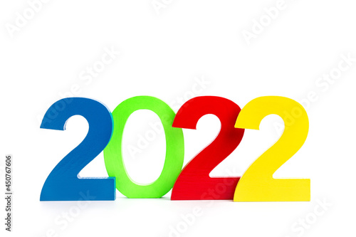 Colorful New Year numbers 2022, isolated on white background.