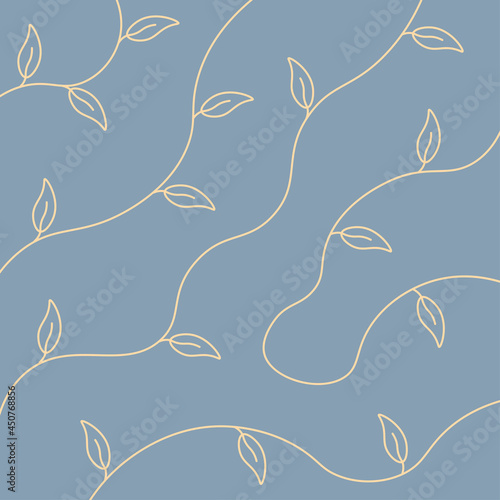 Olive green palette seamless pattern with hand drawn contoured leaf branches ornament. Decorative backdrop for fabric design, textile print, wrapping, cover. Vector illustration.	