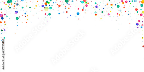 Watercolor confetti on white background. Alluring rainbow colored dots. Happy celebration wide colorful bright card. Dramatic hand painted confetti.