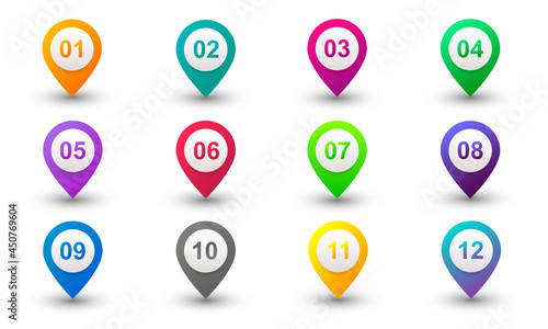 Vector illustration bullet point set. Marker in retro colour. Pins with number 1 to 12