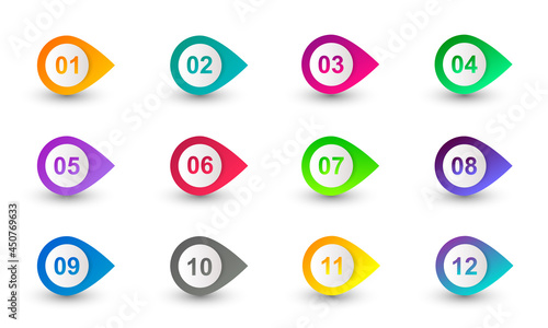 Colourful gradient arrow bullet point set with number from 1 to 12.