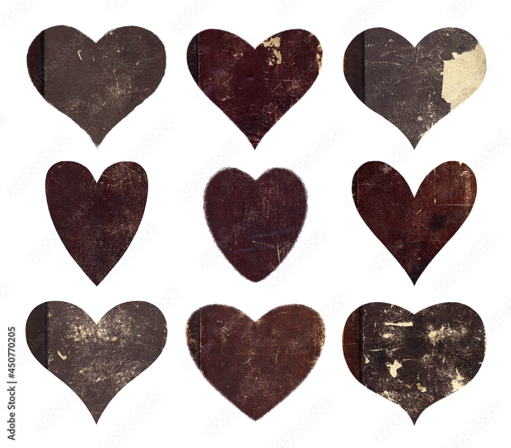 Fototapeta premium Set of nine hearts with textures. The collection includes scratched brown paper (covers of old books). Perfect for design.