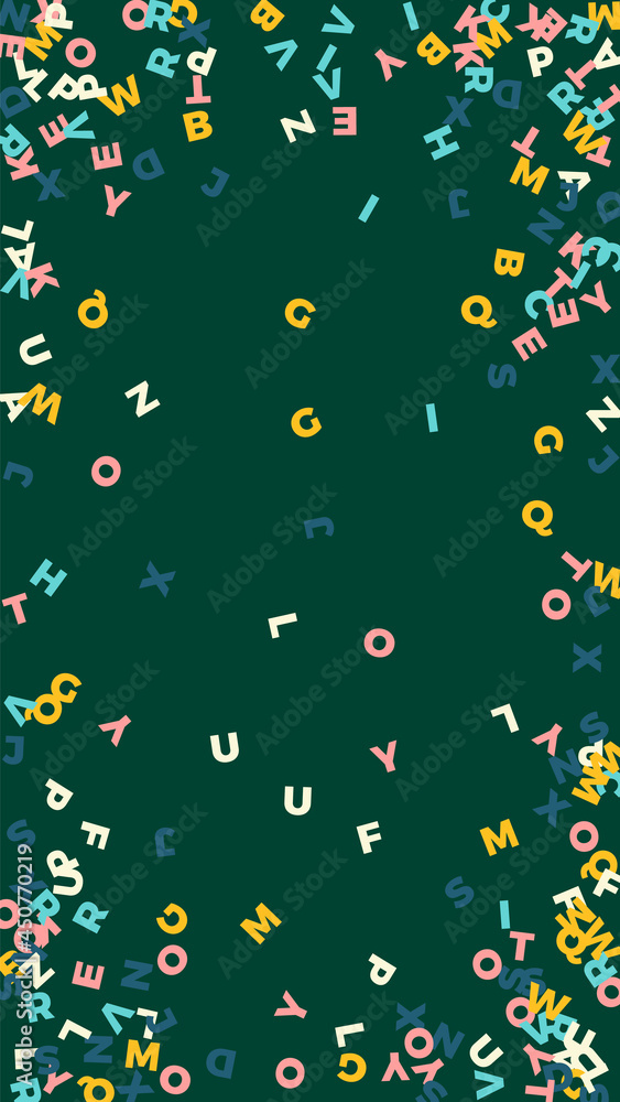 Falling letters of English language. Pastel flying words of Latin alphabet. Foreign languages study concept. Ideal back to school banner on blackboard background. Falling letters of English language. Pastel flying words of Latin alphabet. Foreign languages study concept. Ideal back to school banner on blackboard background.