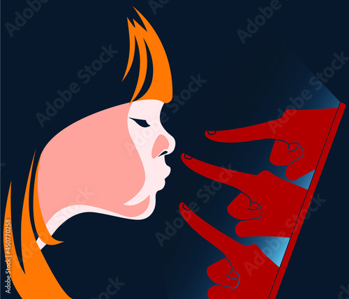 domestic violence against children - three red hands pointing finger at a girl - cyberbullying