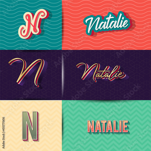 name Natalie in various Retro graphic design elements, set of vector Retro Typography graphic design illustration photo