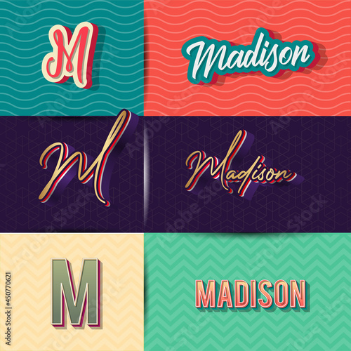 name madison in various Retro graphic design elements, set of vector Retro Typography graphic design illustration