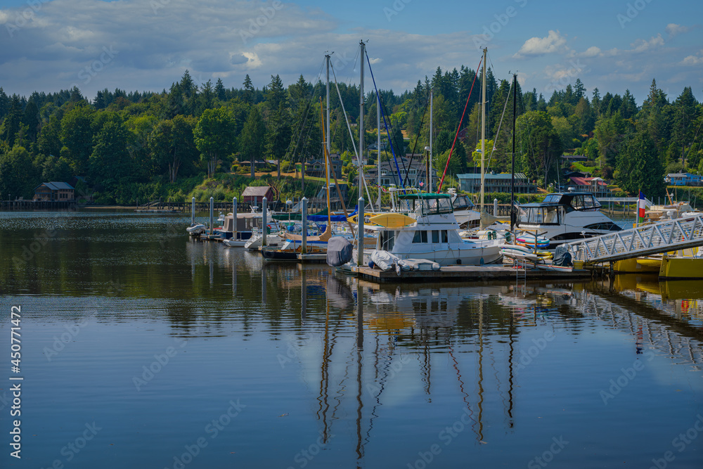 2021-08-13 THE BAINBRIDGE ISLAND HARBOR WITH SEVERAL SAIL AND MOTOR BOATS MOORED