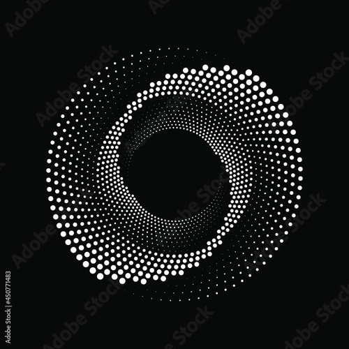 White dotted lines in abstract spiral form. Halftone design element for border frame, round logo, blackout tattoo, sign, symbol, web pages, prints, template, pattern and abstract background