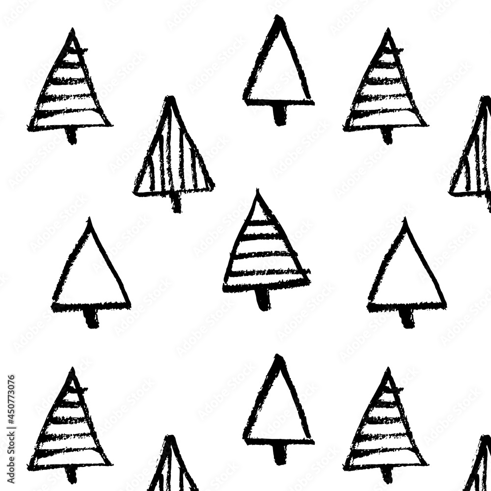 Obraz premium Vector background pattern of Christmas trees. Black on a white background. Doodle. Calligraphic style. Hand drawing