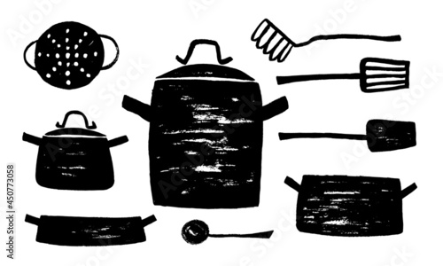 Set of vector images of kitchen pots and shovels. Graphic arts. Black on a white background. Doodle. Hand drawing
