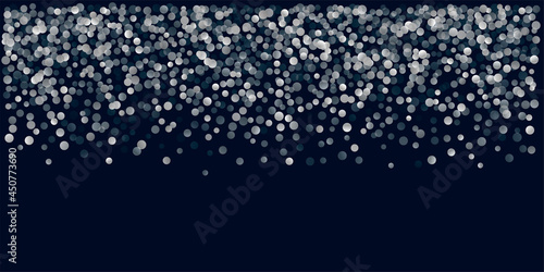 Christmas vector snow backdrop. Silver glitter background, falling and flying circle snowflakes confetti. Sparkle dots, round tinsel elements