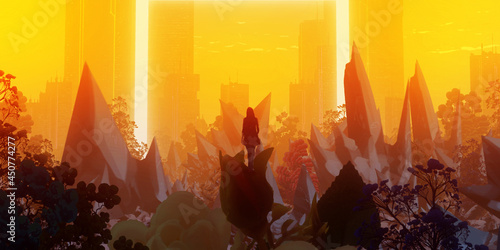 Futuristic science fiction illustration. Digital art. Fantasy scenery. Bright evening light.