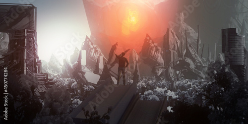 Futuristic science fiction illustration. Digital art. Fantasy scenery. Bright evening light.