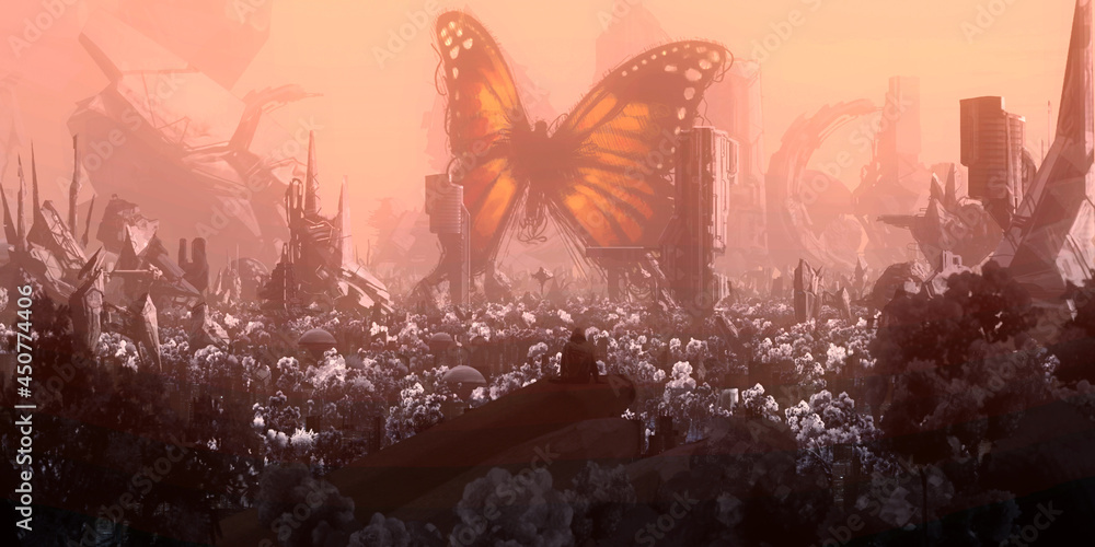 Fototapeta premium Futuristic science fiction illustration. Digital art. Fantasy scenery. Bright evening light.