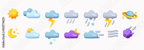 Icon set cloud weather. Realistic 3d symbol design. Complete collection. Vector illustration