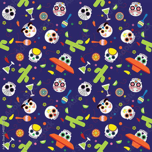 Sugar Skull Characters celebrating Cinco de Mayo in a fun, spooky seamless vector pattern repeat. Repeating patterns are great for webpage backgrounds, packaging, or surface designs.