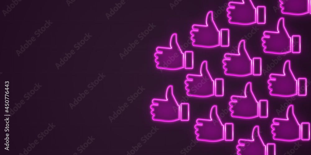 Many Thumbs Up Neon Pink Lighting on dark Brick wall textured Background With copy space 