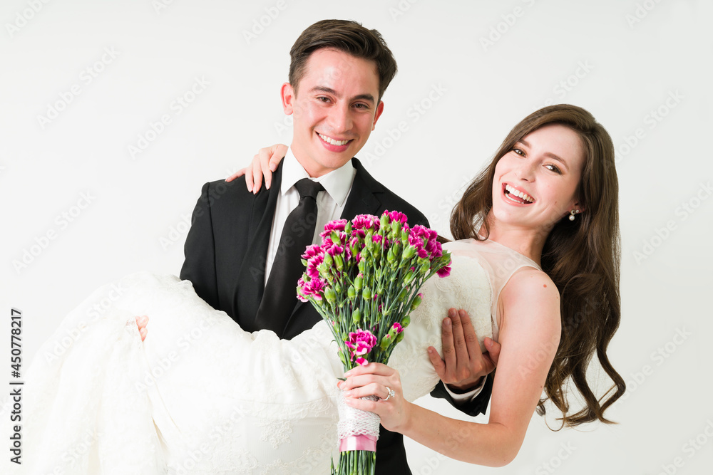Happy groom celebrating with the bride Happy groom celebrating with the bride