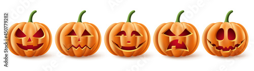 Halloween pumpkins vector set. Halloween pumpkin element collection in spooky, scary and creepy with facial expressions for icons and decorations isolated in white background. Vector illustration.
