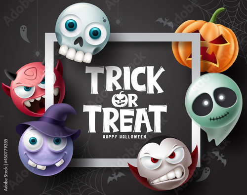 Halloween character vector background. Halloween trick or treat text with pumpkins, ghost, vampire and witch character for horror elements party design. Vector illustration.
