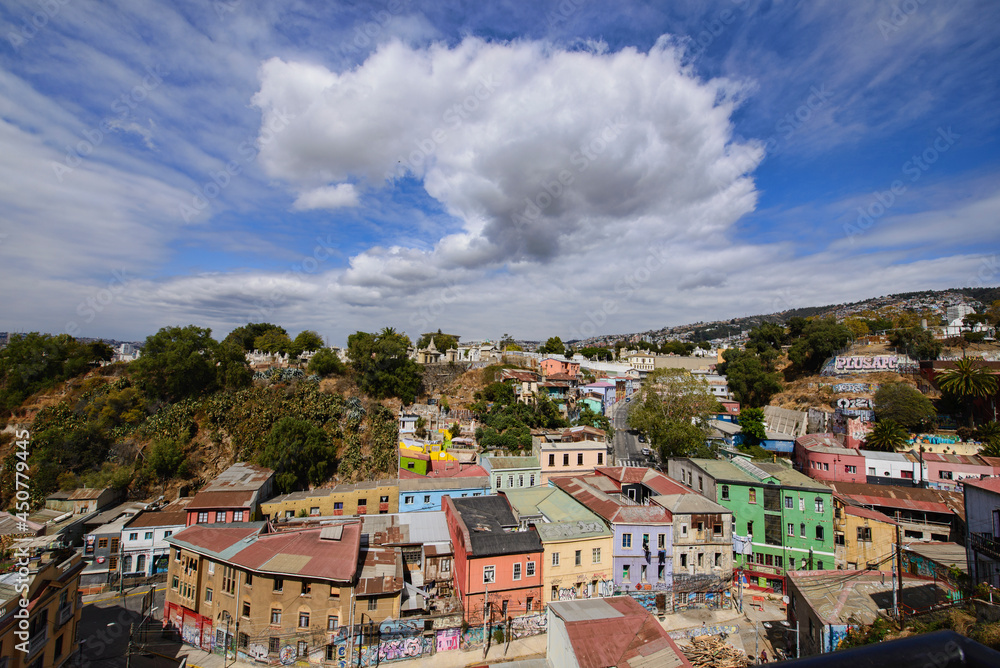 Colorful architecture and graffiti in UNESCO World Heritage Valparaiso, Chile