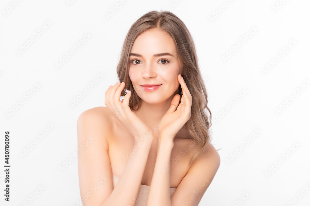 Beautiful young woman with clean fresh skin on white background, Face care, Facial treatment, Cosmetology, beauty and spa, women portrait. Beautiful young woman with clean fresh skin on white background, Face care, Facial treatment, Cosmetology, beauty and spa, women portrait.