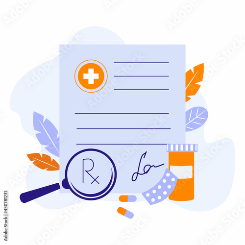 Prescription paper vector concept illustration. Online prescription vector concept. Flat vector cartoon style.