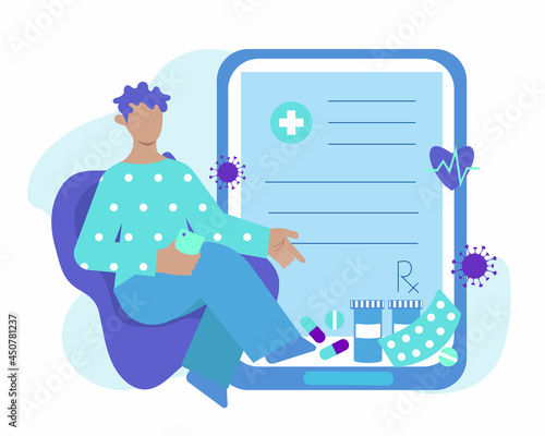 Prescription online vector concept illustration. Man is getting online prescriptions while staying at home. 