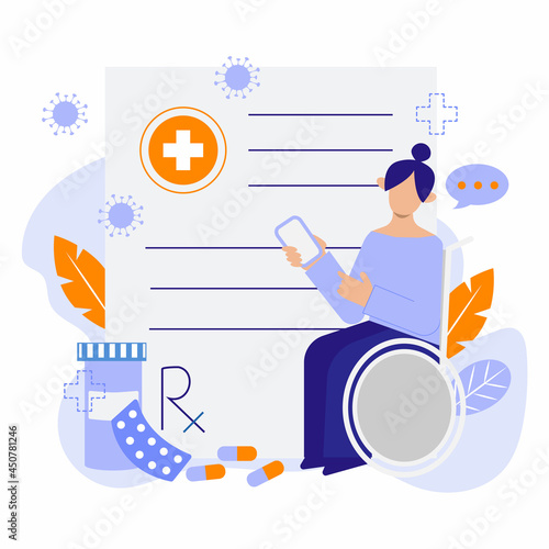 Online prescription vector concept illustration. Online prescription is a comfortable way to get medical purpose for people who are staying at home. Flat vector cartoon style.