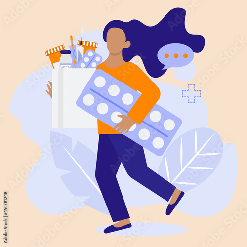 Woman is holding pills set for treatment. Vector illustration in modern flat cartoon style. Drugstore visit concept.