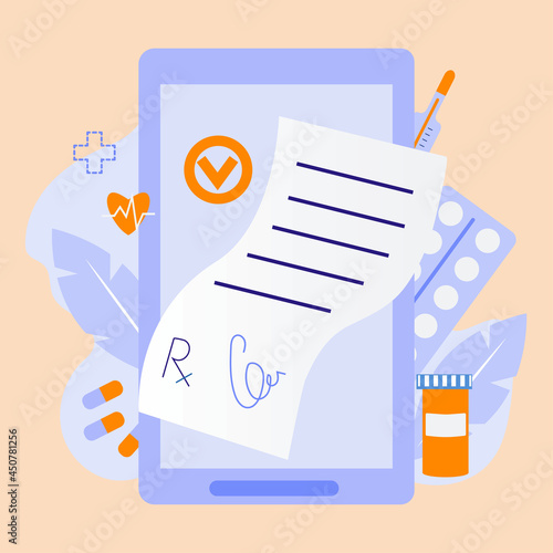 Online prescription vector concept illustration in flat style. Mobile phone with prescription paper from doctor.