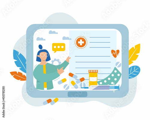 Woman doctor with prescription online. Online prescription vector concept illustration. Doctor recommends to a patient the way of treatment. Flat illustration cartoon style.