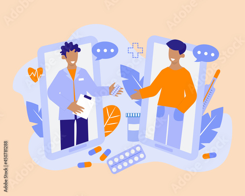 Online prescription vector concept illustration. Doctor and patient online chat. Doctor gives treatment recommendations to a patient. Flat vector cartoon style.