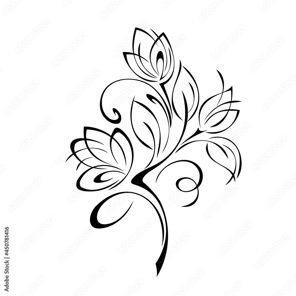 ornament 1920. twig with stylized flowers, leaves and curls black lines on a white background