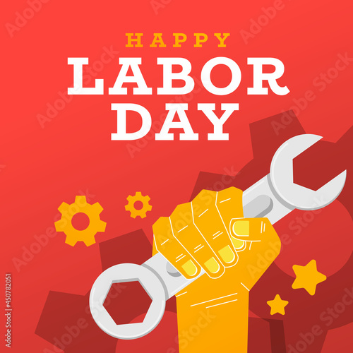 flat design labor day with hand holding wrench suitable for banner, poster, flyer, landing page, background or social media post