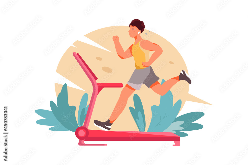 Man works out on treadmill. Sport in room Illustration concept. Flat illustration isolated on white background. Man works out on treadmill. Sport in room Illustration concept. Flat illustration isolated on white background.