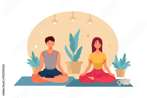 Girl and boy do yoga in lotus pose Illustration concept. Flat illustration isolated on white background. © freeslab