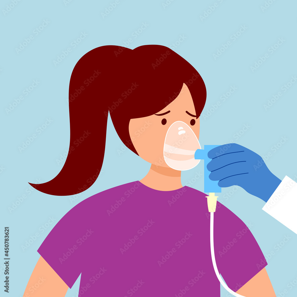 Doctor or nurse placing oxygen mask on woman patient. Oxygen therapy. Lung or respiratory system disease. Breathing problem. Inhaler assistance. Doctor or nurse placing oxygen mask on woman patient. Oxygen therapy. Lung or respiratory system disease. Breathing problem. Inhaler assistance.