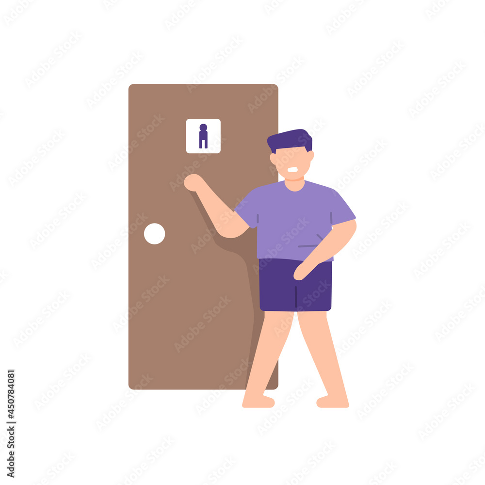 illustration of a man who needs to pee. knock on the toilet door. expression of a person who wants to urinate. flat cartoon style. vector design illustration of a man who needs to pee. knock on the toilet door. expression of a person who wants to urinate. flat cartoon style. vector design