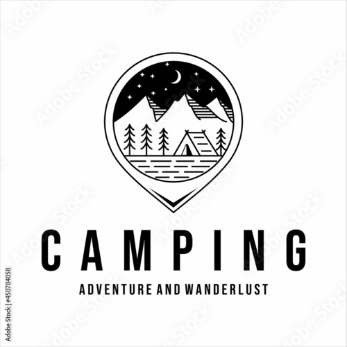 camping logo line art vector illustration template icon design. adventure and wanderlust concept with vintage night at forest and mountain place