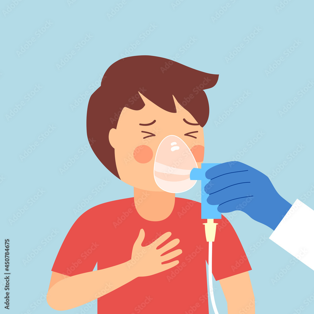 Doctor or nurse placing oxygen mask on boy kids patient. Oxygen therapy. Lung or respiratory system disease. Breathing problem. Inhaler assistance. Doctor or nurse placing oxygen mask on boy kids patient. Oxygen therapy. Lung or respiratory system disease. Breathing problem. Inhaler assistance.