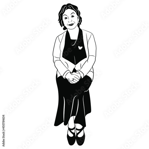 Sitting middle age woman with folded hands wearing a skirt and a jacket. Female portrait. Black and white silhouette. Cartoon style.