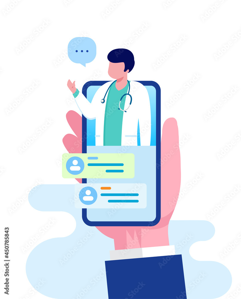 Online doctor with gadget, fast response. health care, flat illustration vector banner	
