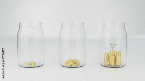 Investment and finance growth business concept.  Green tree growing from money coins. 3d render isolated illustration. Glass jars with coins like diagram, savings concept.